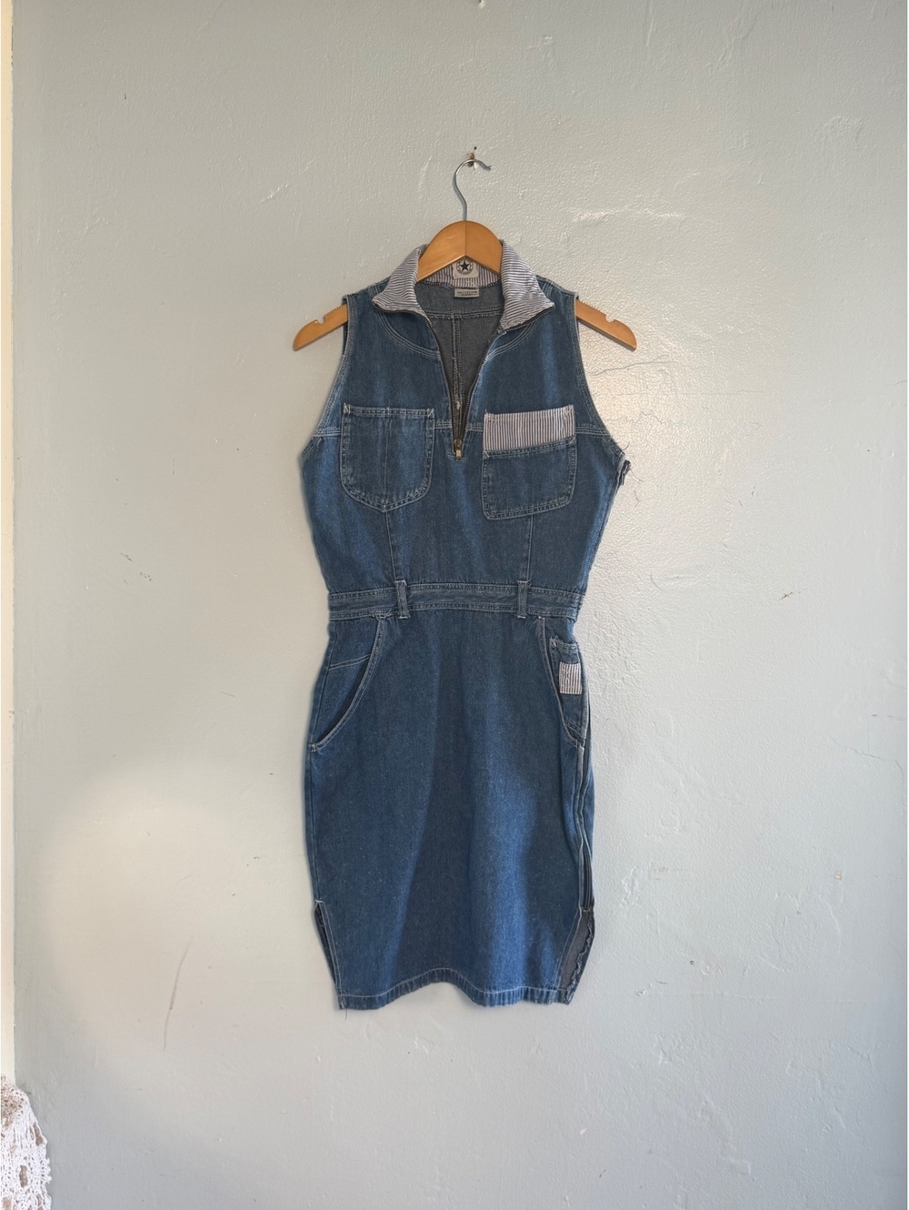 1990s Desperado Denim Sleeveless Denim Dress with Striped Pocket Detail